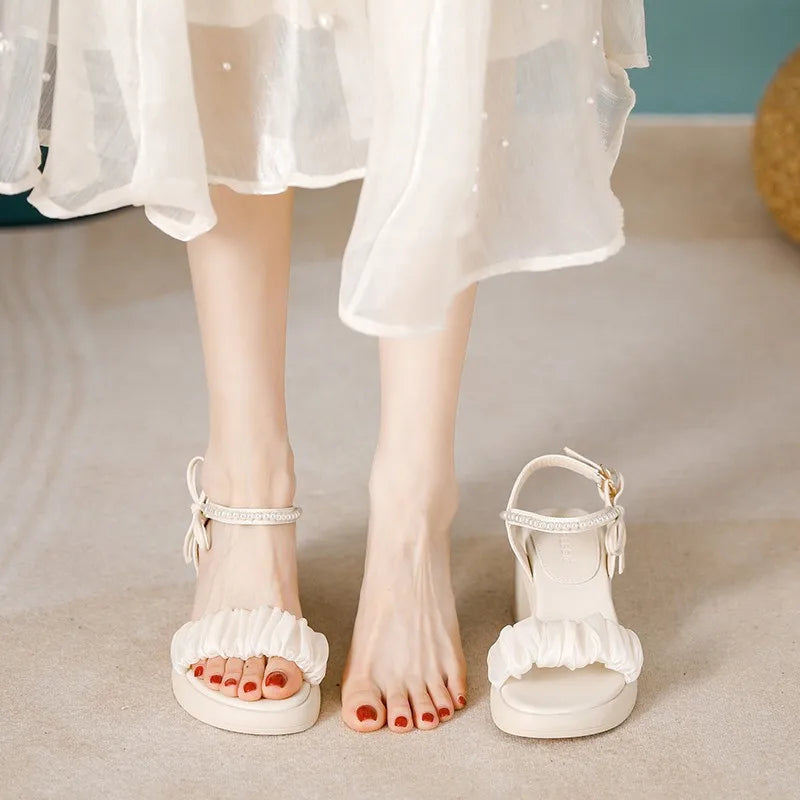 2024 Summer New Fashion Sandals Bow Pearl One Line Buckle Thick Heel Casual Women Sandals Women's Shoes