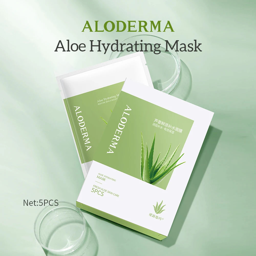 ALODERMA Aloe Hydrating Facial Mask-Set Of 5pcs, 87% Organic Aloe Vera Moisturizing Face Mask Sheet Deep& Long Lasting Hydration