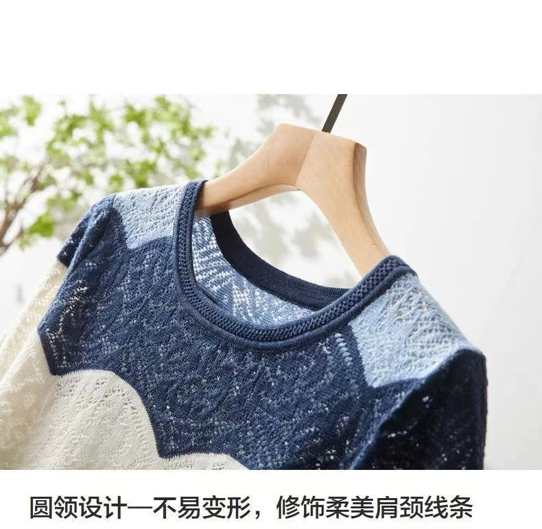 new fashionable summer dress hollow out net gauze ice silk knit short sleeve women's round collar  thin T shirt thin loose top