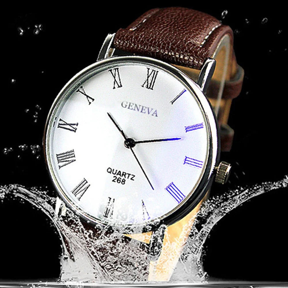 Hot Sale New 2024  Geneva Men Watch Roman Numerals Blu-Ray Faux Leather Band Quartz Analog Business WristWatch