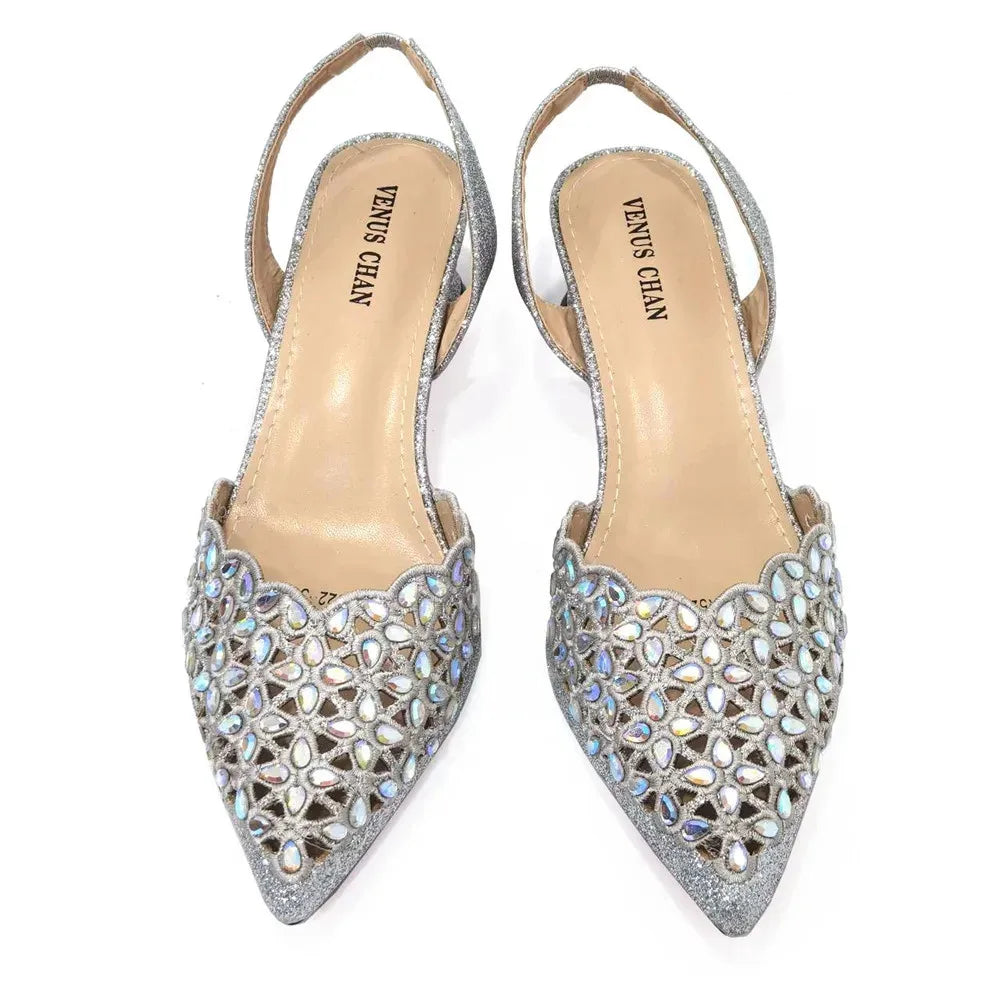 Newest Latest Italian Design African Women's High Heel Pointed Toe Sandals Party Wedding Party Silver Color Shoes and Bags Set