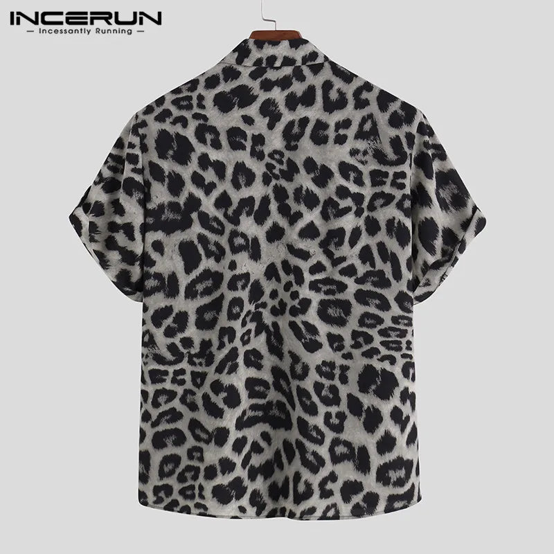 INCERUN 2024 Men Shirt Lapel Short Sleeve Summer Leopard Print Fashion Mens Hawaiian Shirts Streetwear Casual Camisas S-5XL