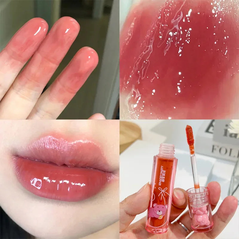 Cute Pink Bear Water Light Lip Gloss Lasting Crystal Glossy  Lip Glaze Mirror Nude Liquid Lipstick Women Lips Makeup Cosmetics