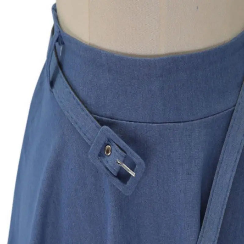 Women's Vintage High Waist A-Line Flared Midi Skirts with Belts Summer Autumn Pleated Long Denim Skirt