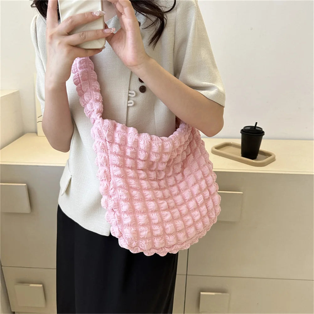 Crossbody Bag With Pleated Design Embroidered Plaid Shoulder Bag Underarm Bags Simple Large Capacity Quilted Tote Bags For Women