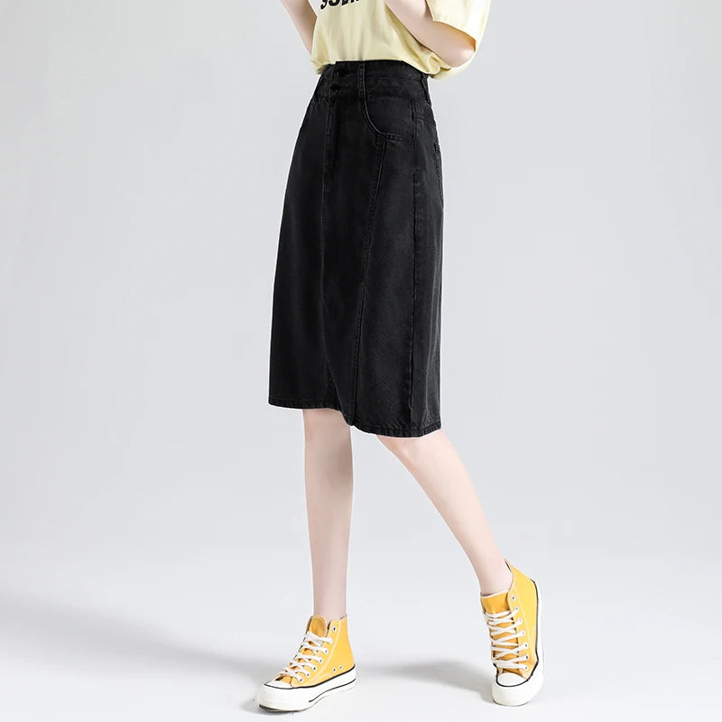Summer Lyocell Women Jeans Skirt  High Waist Casual Hip-covering Denim Slit Skirt A-Line Skirt  Fashion Straight Skirt Female
