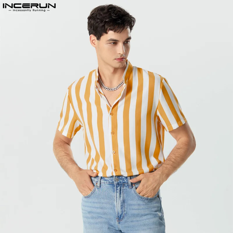 INCERUN Men Striped Shirt Stand Collar Short Sleeve Casual Men Clothing Harajuku Streetwear Summer 2023 Leisure Shirts S-5XL