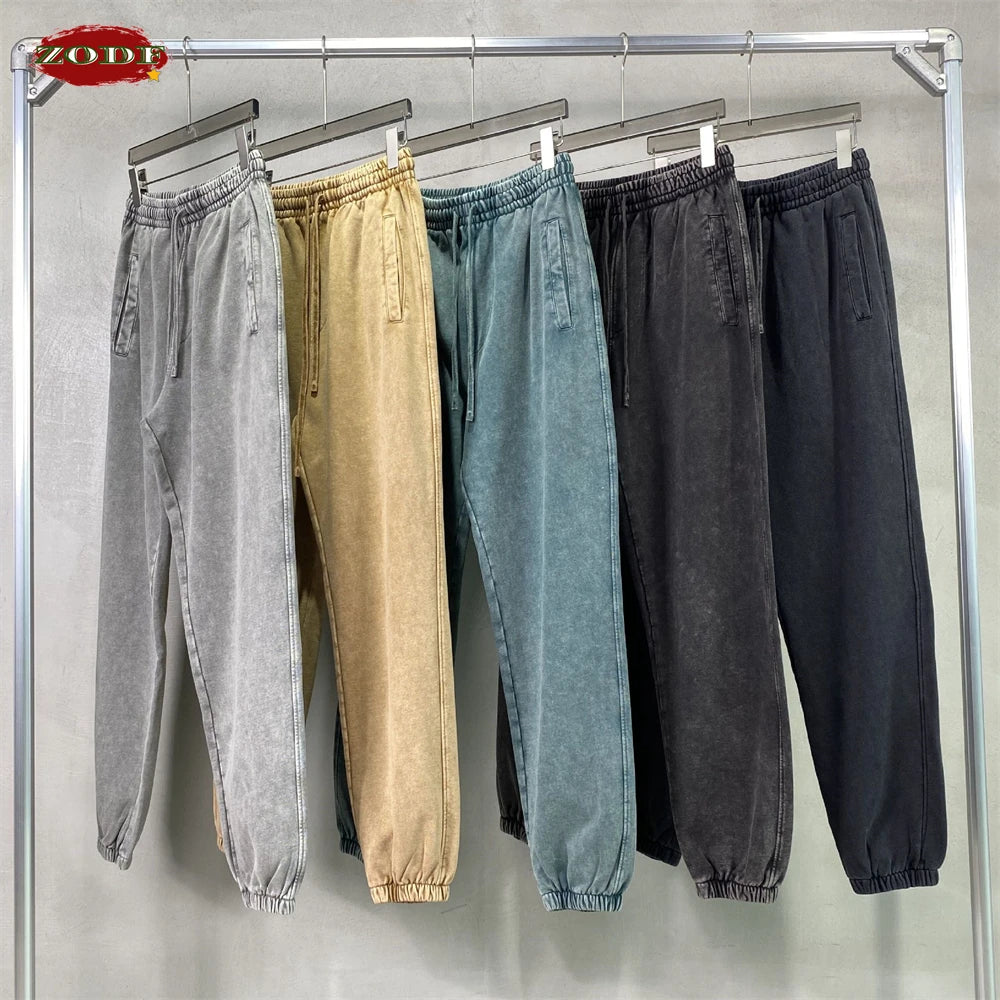 ZODF Retro Autumn Winter Men Batik Washed Cotton Sweatpants Unisex Loose Heavy Weight 420gsm Solid Joggers Pants HY0666