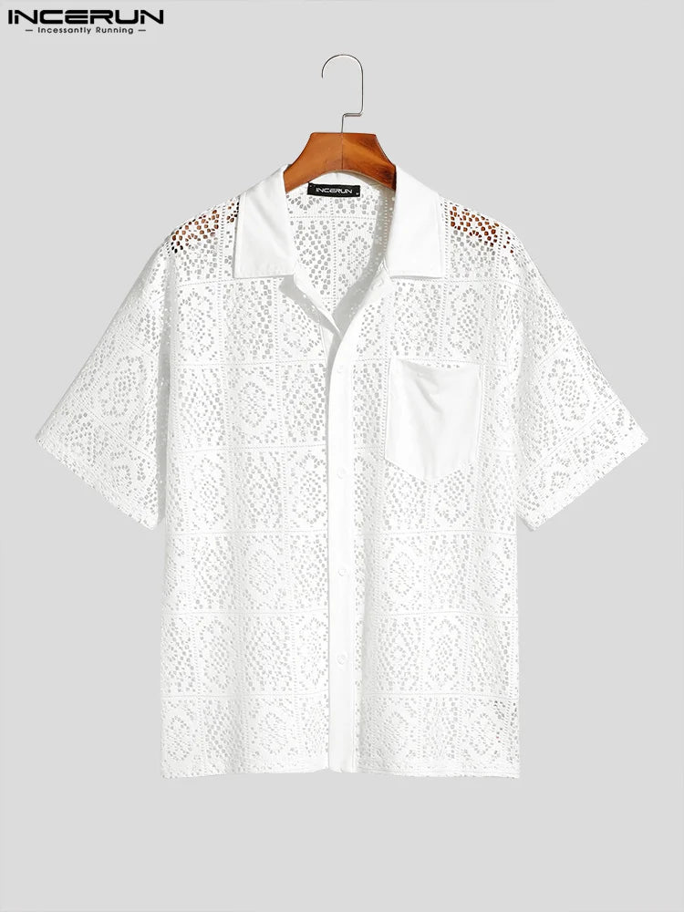 Fashion Casual Style New Men's Tops INCERUN Hollow Lace Pane Flower Printed Blouse Male Knitted Short-sleeved Shirts S-5XL 2023