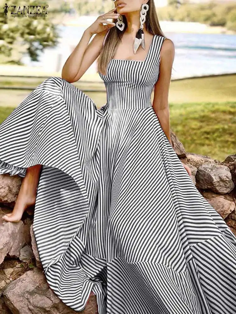 2023 Bohemian Holiday Sundress ZANZEA Summer Elegant Maxi Dress Women Chic Striped Robe Longue Beach Party Sleeveless Dress