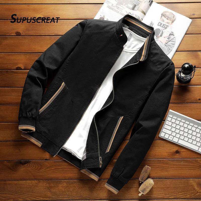 SUPUSCREAT Spring Autumn Men Cotton Jacket Stand Collar Solid Male Fashion Casual Windbreaker Bomber Jacket Coat New Hot Outwear