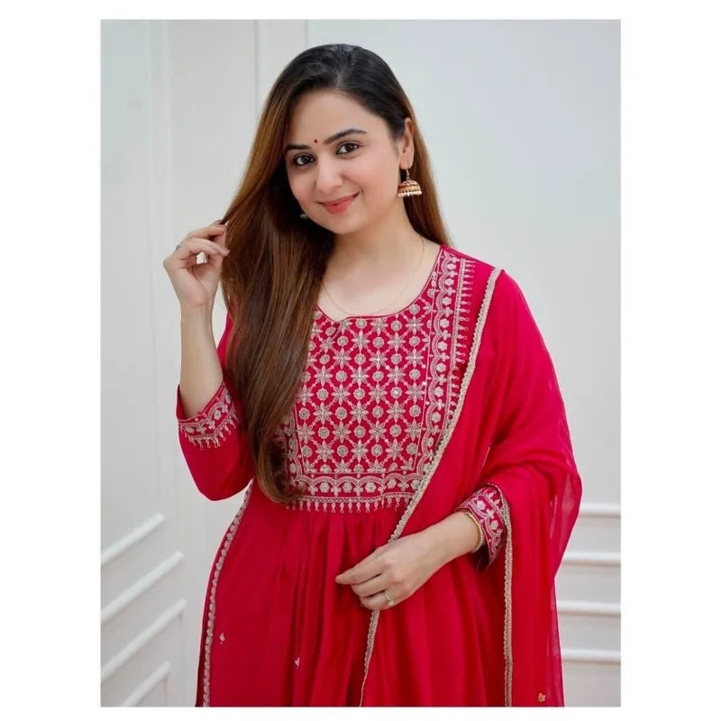 Women Kurti Palazzo Set Red Embroidery Kurta Pant Dupatta Salwar Kameez Dress
