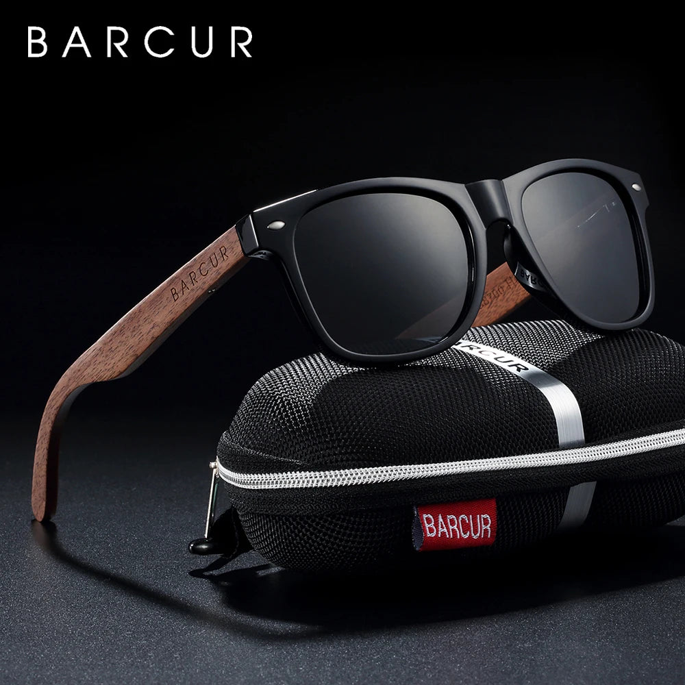 BARCUR Black Walnut Wood Sunglasses for Man Polarized High Quality Sqare Sun Glasses Men UV400 Eyewear Accessory Original Box