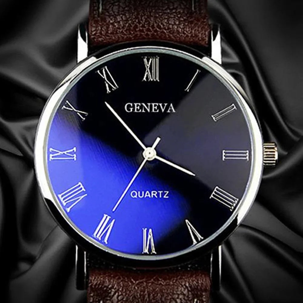 Hot Sale New 2024  Geneva Men Watch Roman Numerals Blu-Ray Faux Leather Band Quartz Analog Business WristWatch
