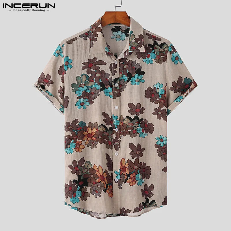 Men Hawaiian Shirt Flower Printing Lapel Short Sleeve Streetwear 2024 Casual Men Clothing Vacation Leisure Shirts S-5XL INCERUN