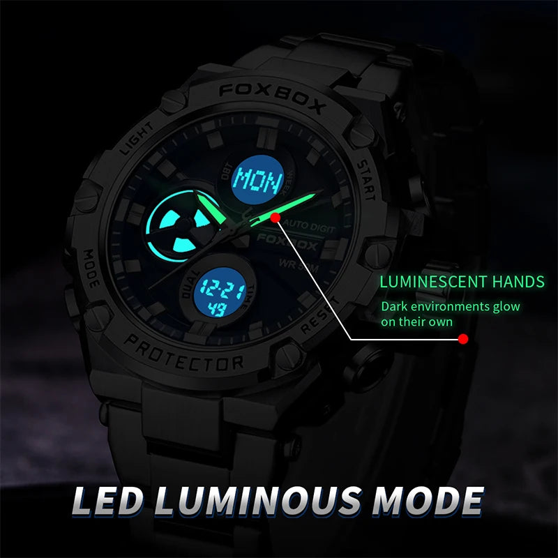 Dual Display Luminous Business Men Watch Waterproof Quartz Digital Led Male Clock Military Sport Stainless Steel Man Wristwatch