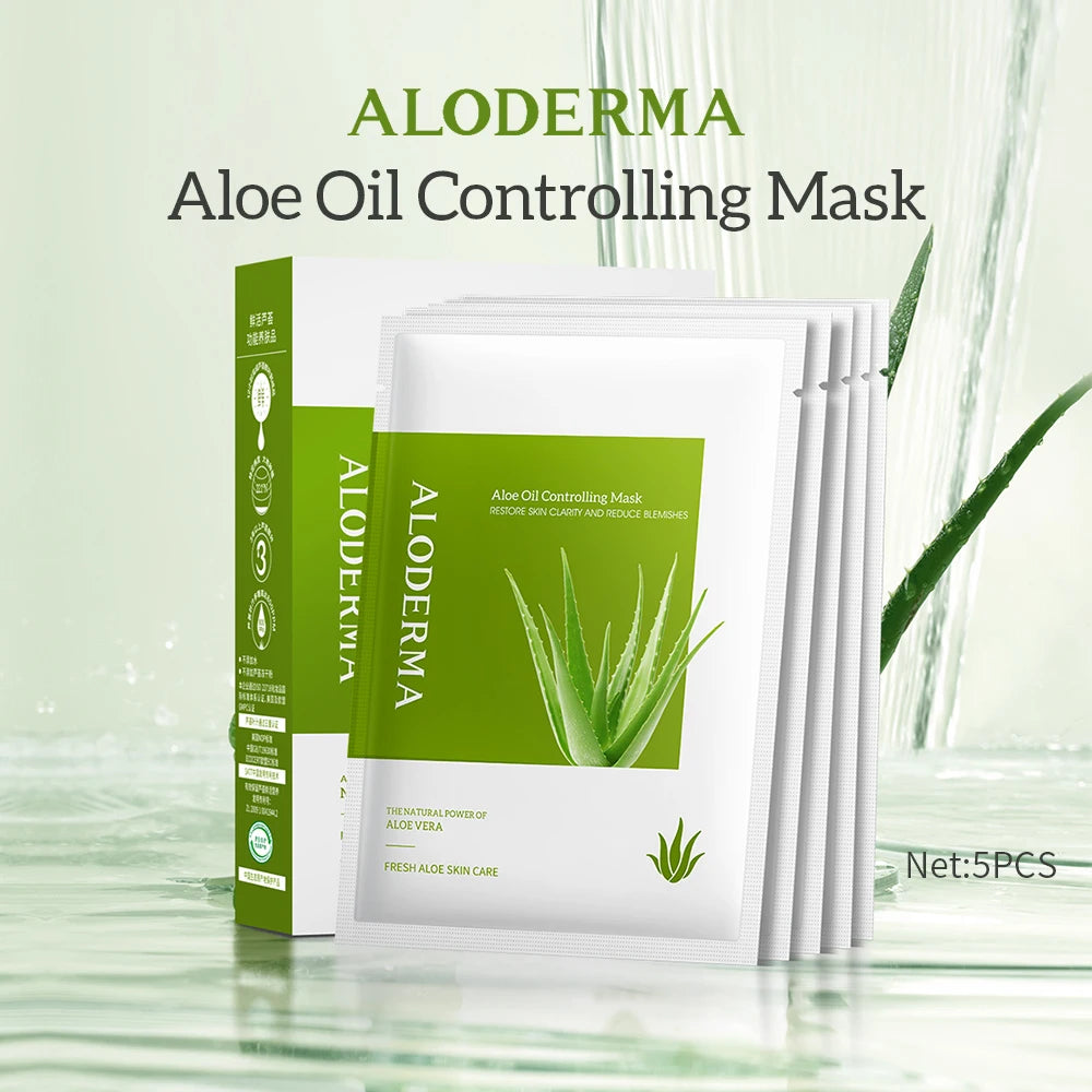 ALODERMA Aloe Oil Controlling Facial Sheet Masks, Gently Clear Skin-Set Of 5pcs Organic Aloe Vera Face Mask For Acne Prone Skin