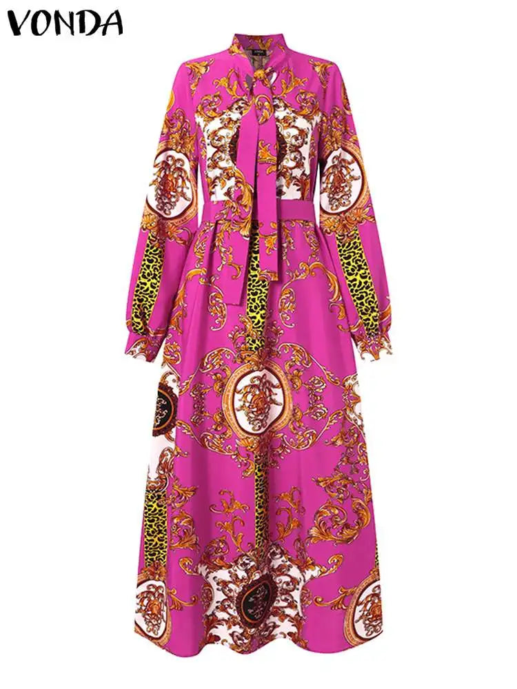 VONDA Bohemian Party Sundress Autumn Women Maxi Dress 2024 Long Sleeve Stand Collar Casual Printed Robe Holiday Vestidos Belted