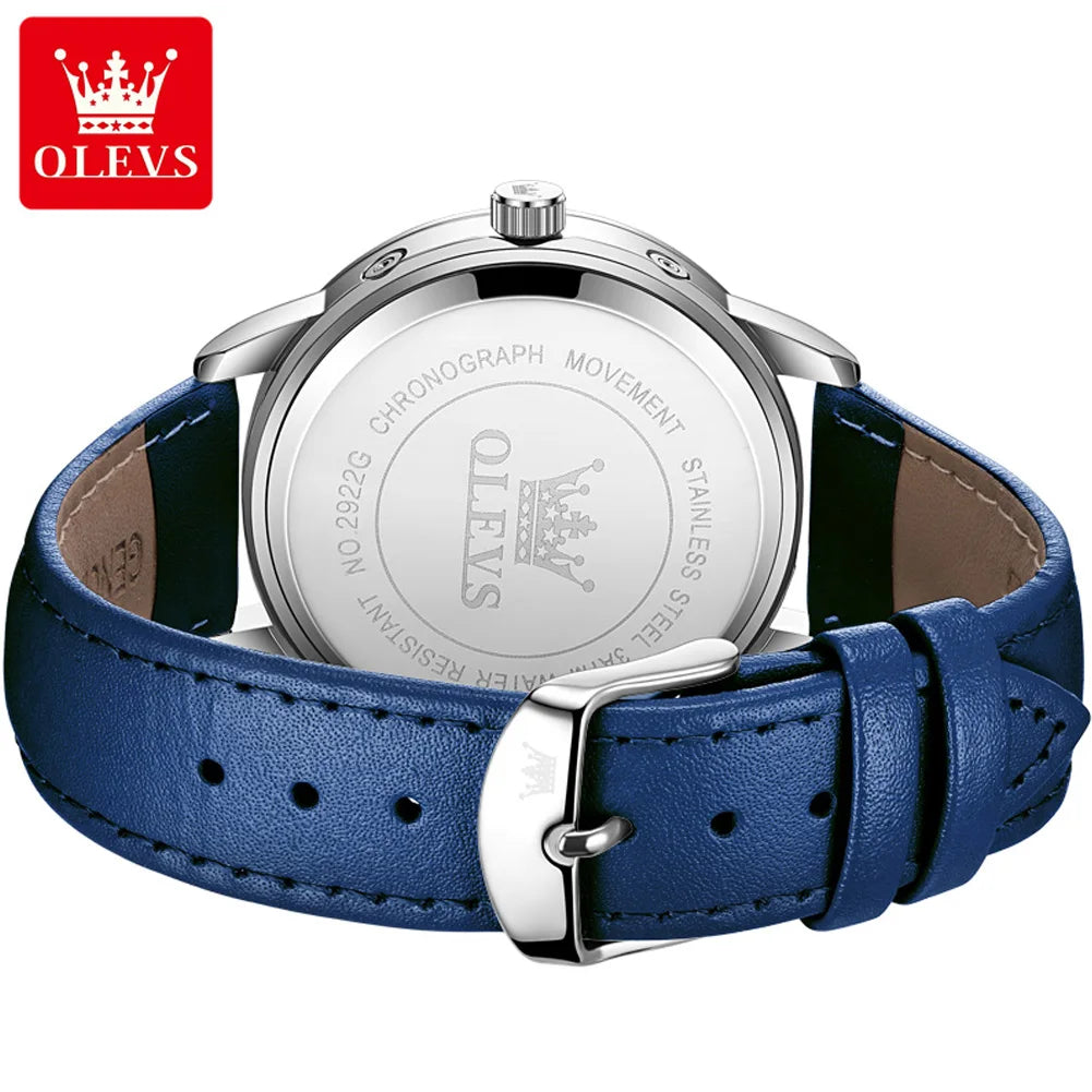 OLEVS Brand New Business Mens Watches Fashion Blue Leather Waterproof Date Luxury Moon Phases Chronograph Quartz Watch for Men