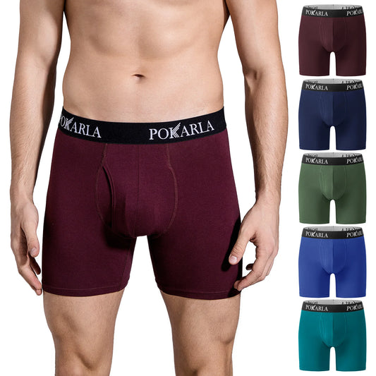 POKARLA 5pcs Men’s Cotton Boxer Shorts Open Fly U Pouch Soft Breathable Male Underwear Tagless Sexy Underpants Elastic Panties