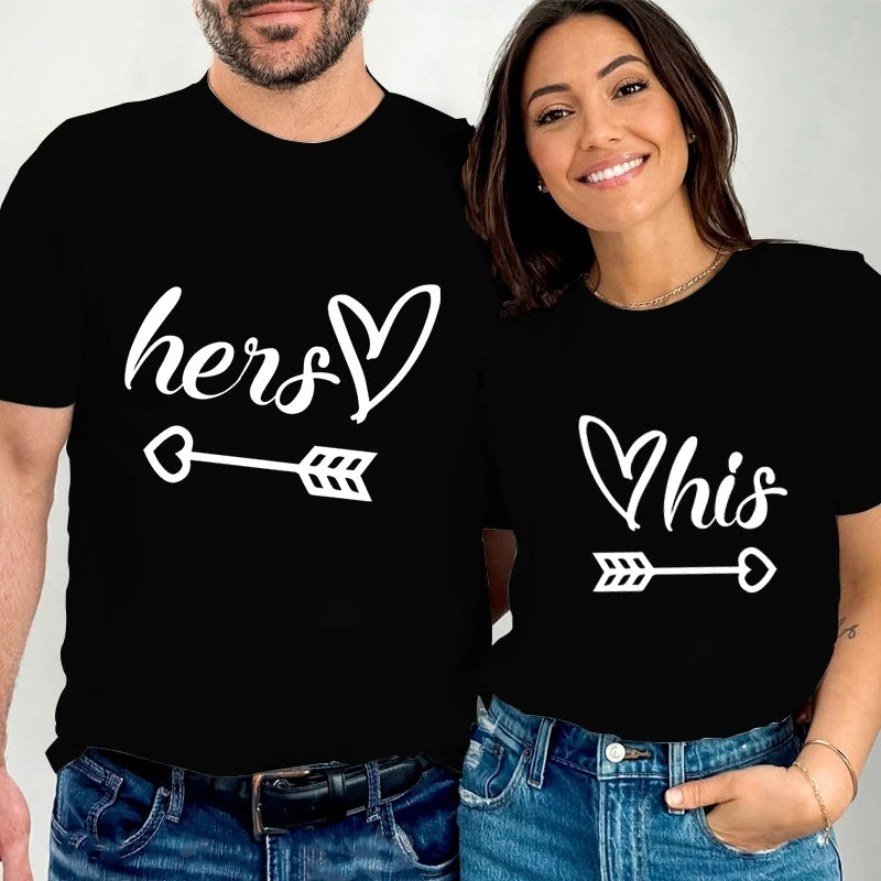 Her/His Heart Love Arrow Print T Shirt Summer Lovers Tee Shirt Women Clothing Man Oversized T Shirt Short Sleeve Couple TShirt