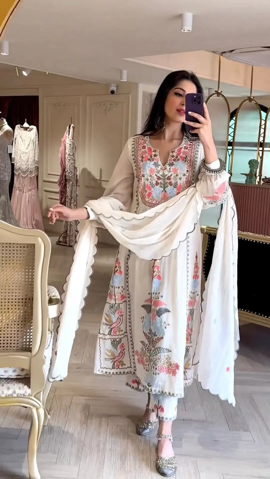 Salwar Kameez White Embroidery Wedding Party Wear Kurta Palazzo Dupatta Handmade Cotton Fabric Gift Suit