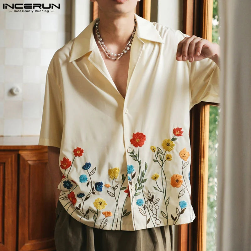 Men Shirt Flower Printing Lapel Short Sleeve Loose Men Clothing Streetwear Korean Style 2024 Summer Casual Shirts S-5XL INCERUN
