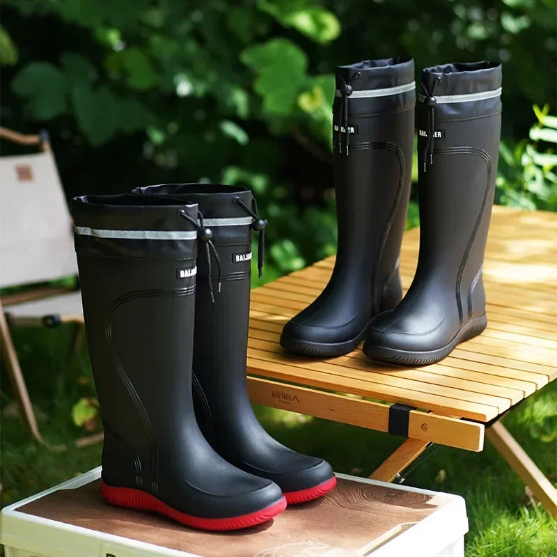 Men's Rain Boots Long Tube Water Shoes Non-slip Waterproof Safety Work Shoes Black Red Platform Cotton high-top outer wear