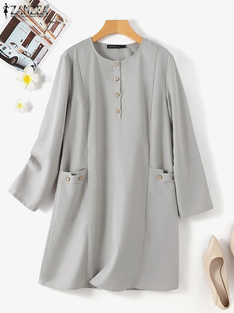 Vintage Long Shirts ZANZEA Muslim Fashion Tops For Women Autumn Blouse Casual O Neck Long Sleeve Shirt Turkey Abaya Button Blusa