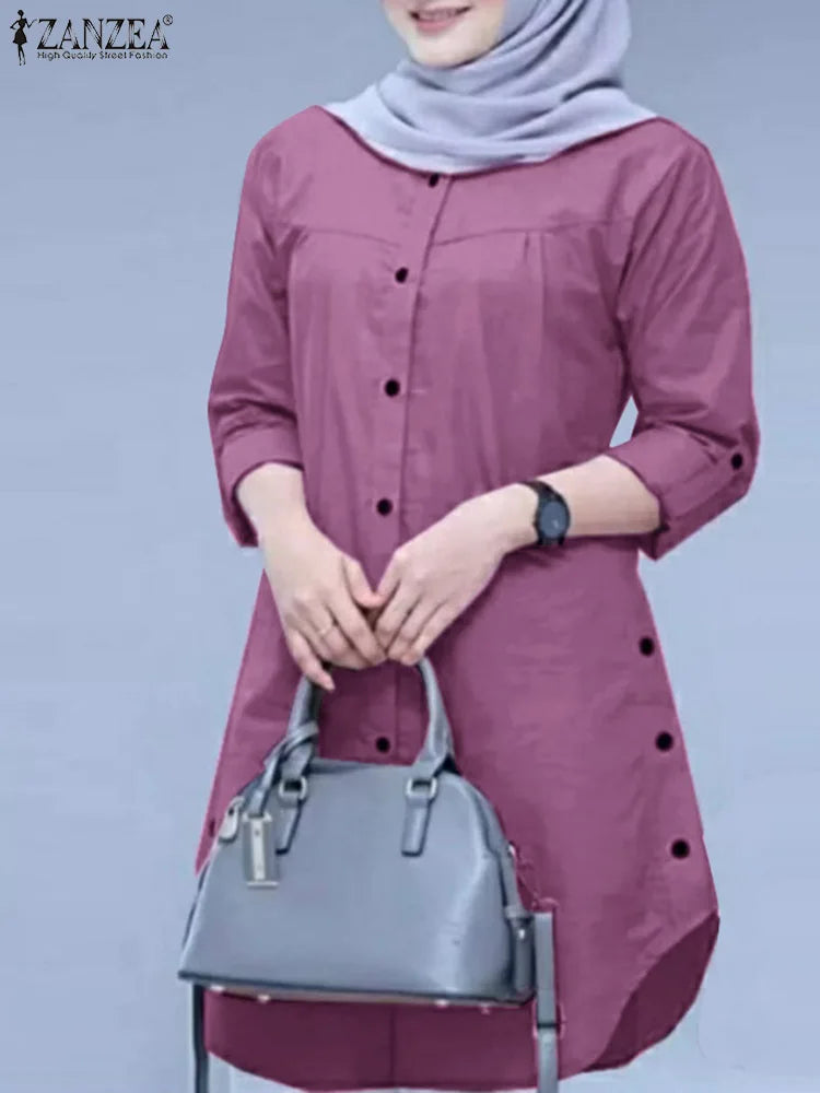 ZANZEA Elegant Abaya Muslim Blouse Woman Long Sleeve O-Neck Tops Casual Holiday Baggy Shirt Fashion Solid Islamic Clothing 2024