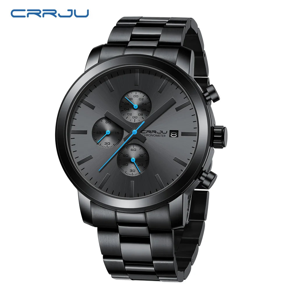 CRRJU Fashion Business Mens Watches with Stainless Steel Waterproof Chronograph Quartz Watch for Men, Auto Date