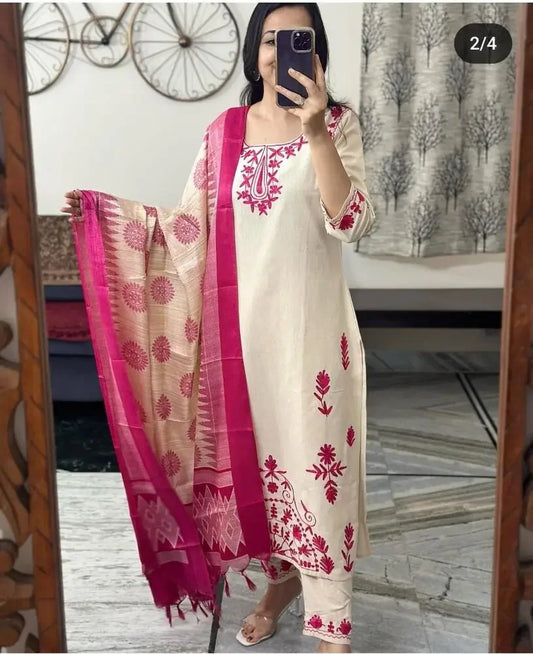 Festival Wear Women Handmade Kurti Pant Dupatta Cotton Fabric Salwar Kameez Suit