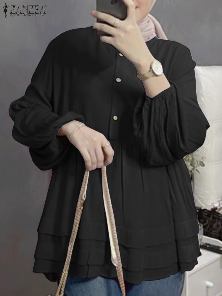 ZANZEA Fashion Turkey Blouses Muslim Dubai Tops Women Long Sleeve Solid Shirt Autumn Elegant Blouse Casual Loose Buttons Chemise