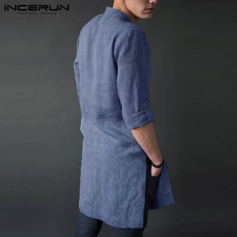 INCERUN Men Shirt Solid Color Stand Collar Long Sleeve Loose Vintage Casual Men Clothing Streetwear Retro Male Long Shirts 2024