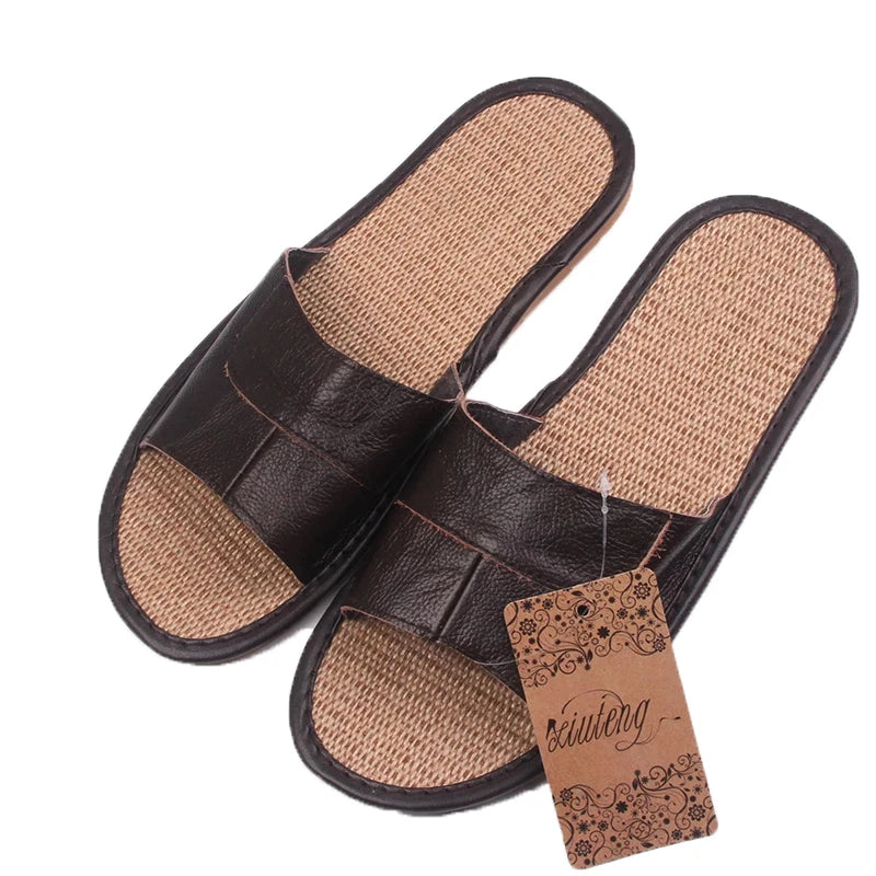 New 2022 Famous Brand Casual Men Sandals Summer Leather Linen Slippers Summer Shoes  Flip Flops Fast Shipping