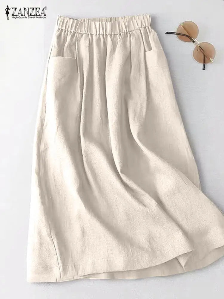 ZANZEA Elastic Waist Midi Skirt Women Solid A Line Cotton Skirt 2024 Summer Korean Side Pockets Falda Saias Casual Holiday Jupe
