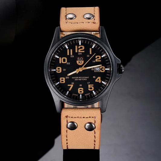 2024 Vintage Classic Stainless Steel Waterproof Date Leather Strap Men Watch   Sport Quartz Army Fashion Digital Clock