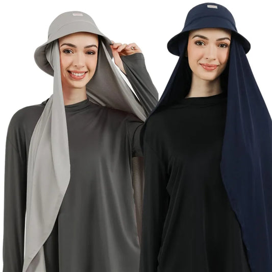 New Muslim Women Bucket Hat With Chiffon Hijabs Summer Sports Cap With Hijab Ready To Wear Instant Hijab Islam Headscarf