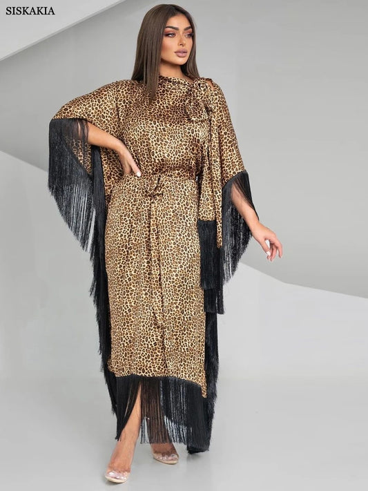 Dubai Fashion Batwing Sleeve Tassel Evening Party Abayas Saudi Leopard Belted Dresses Shalwar Kameez Moroccan Gulf Women Kaftan