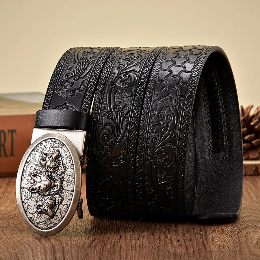 3.5CM Wolf Designer Belt for Men Retro Automatic Buckle Arts and Crafts Belt Male Genuine Cow Leather Waist Band Honorable Strap