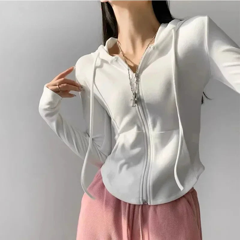 Deeptown Vintage Zip Up Cropped Hoodies Women Korean Style Streetwear Hooded Sweatshirts Kpop Solid Color Y2k Long Sleeve Tops