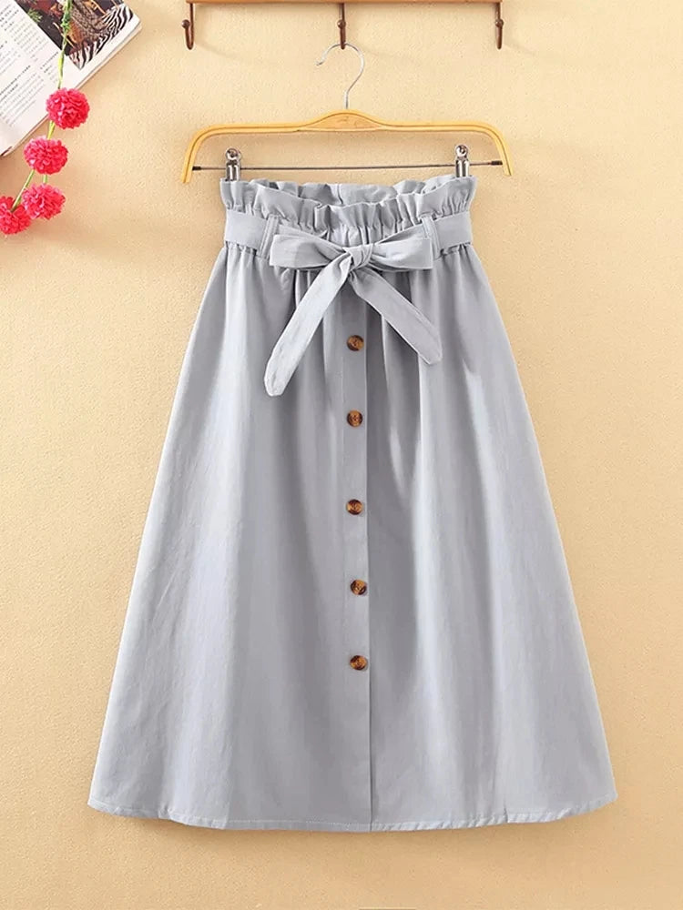 Summer Autumn Skirts Womens Midi Knee Length Korean Elegant Button High Waist Skirt Female Pleated School Skirt