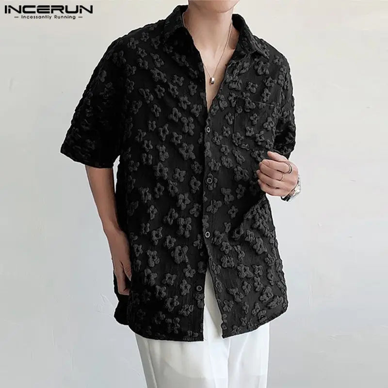 INCERUN Men Shirt Flower Jacquard Loose Korean Style Lapel Short Sleeve Men Clothing Streetwear 2024 Fashion Casual Shirts S-5XL