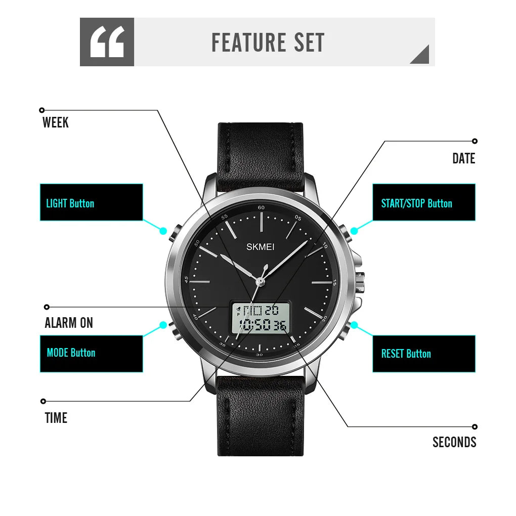 SKMEI 1652  Leather Strap Waterproof Watch reloj hombre Dual Display Casual Watches Men Chrono Alarm Digital Mens Wristwatch