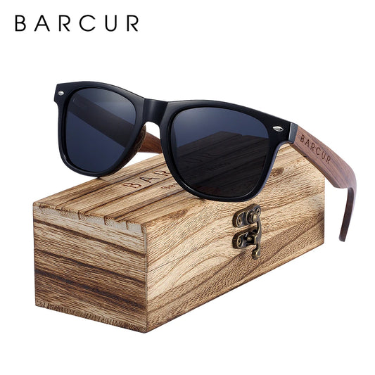 BARCUR Black Walnut Wood Sunglasses for Man Polarized High Quality Sqare Sun Glasses Men UV400 Eyewear Accessory Original Box