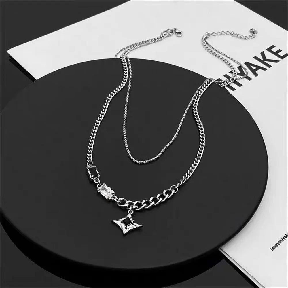 Hip Hop Zircon Star Double Layer Necklace For Men Women Trend Charm Titanium Steel Pendant Chain Unisex Jewelry Free Shipping