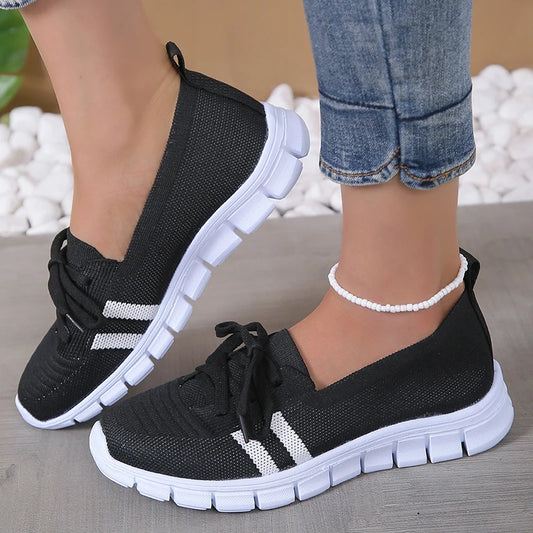 Breathable Knitted Striped Flats Shoes Women Casual Lace-Up Soft Sole Sneakers Woman Super Size 43 Lightweight Non-Slip Loafers