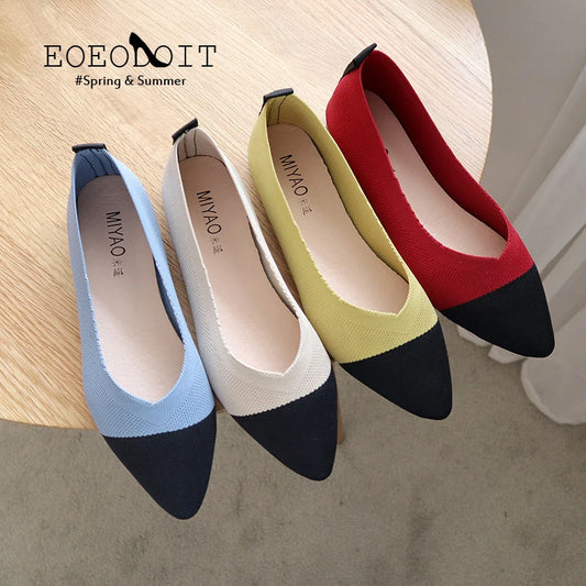 Women’s Ballet Flats Knits  Shoes Pointed Toe Patchwork Slip On Ballerina Walking Flats Shoes Woman